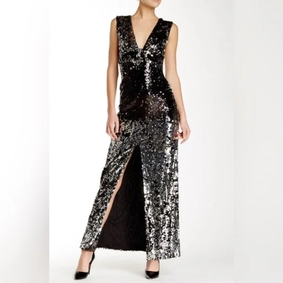 NWT | Rachel Zoe Silver and Black Long Sleeve Venus Gown Size 6 & 8 - Picture 1 of 4